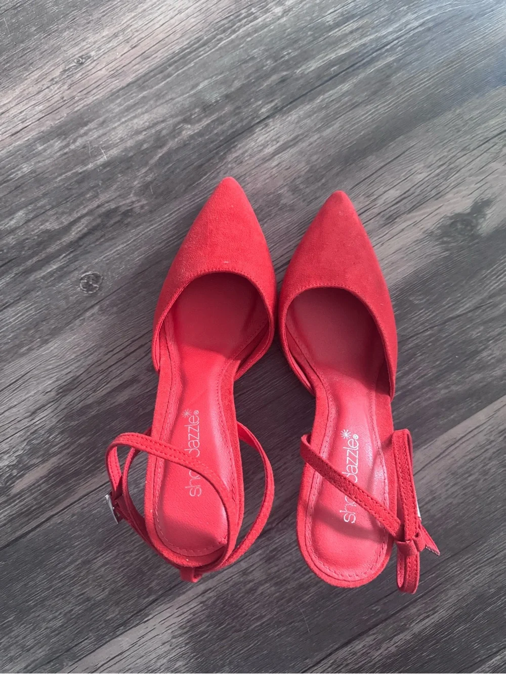 Shoe Dazzle Red Suede Pointed-Toe Ankle-Strap Heels
